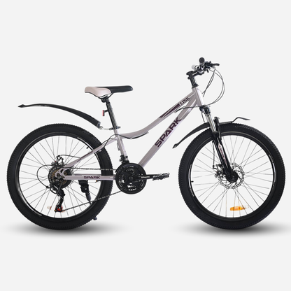 Гірський велосипед Spark LINK 24" сталева рама 12" світло-бузковий, вид збоку справа — дискові гальма, амортизаційна вилка, пластикові крила, перемикач Shimano