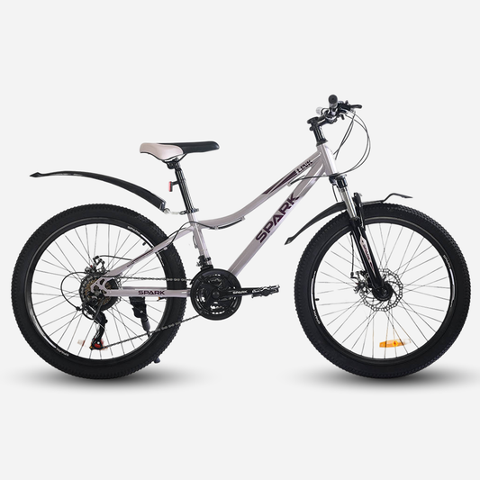 Гірський велосипед Spark LINK 24" сталева рама 12" світло-бузковий, вид збоку справа — дискові гальма, амортизаційна вилка, пластикові крила, перемикач Shimano