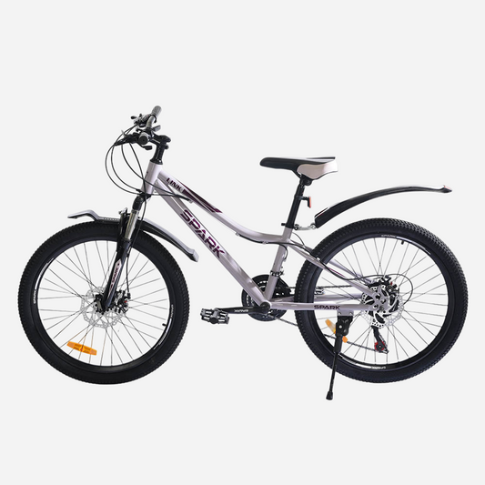 Гірський велосипед Spark LINK 24" світло-бузковий, лівий бік — трансмісія Shimano, дискове гальмо, заднє крило, підніжка, широкі покришки 24×2.35