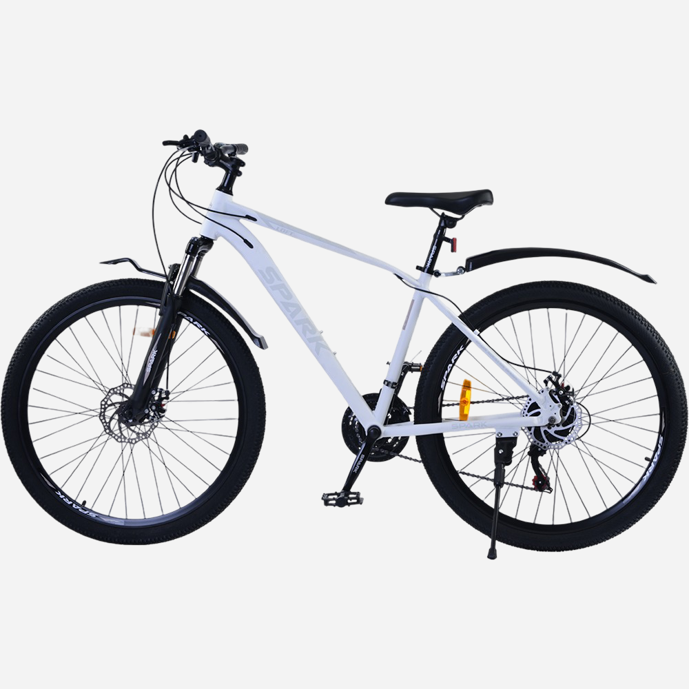 Гірський велосипед Spark LOFT 27.5" білий, вид спереду — вилка, диск, підніжка
