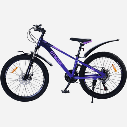 Гірський велосипед Spark NEO 24" фіолетовий — вид зліва, підніжка, дискові гальма, крило