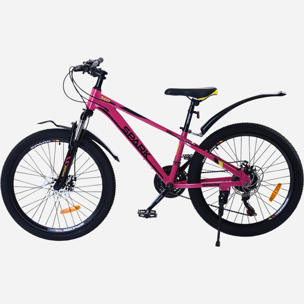 Гірський велосипед Spark NEO 24" рожевий — вид зліва, підніжка, трансмісія Shimano