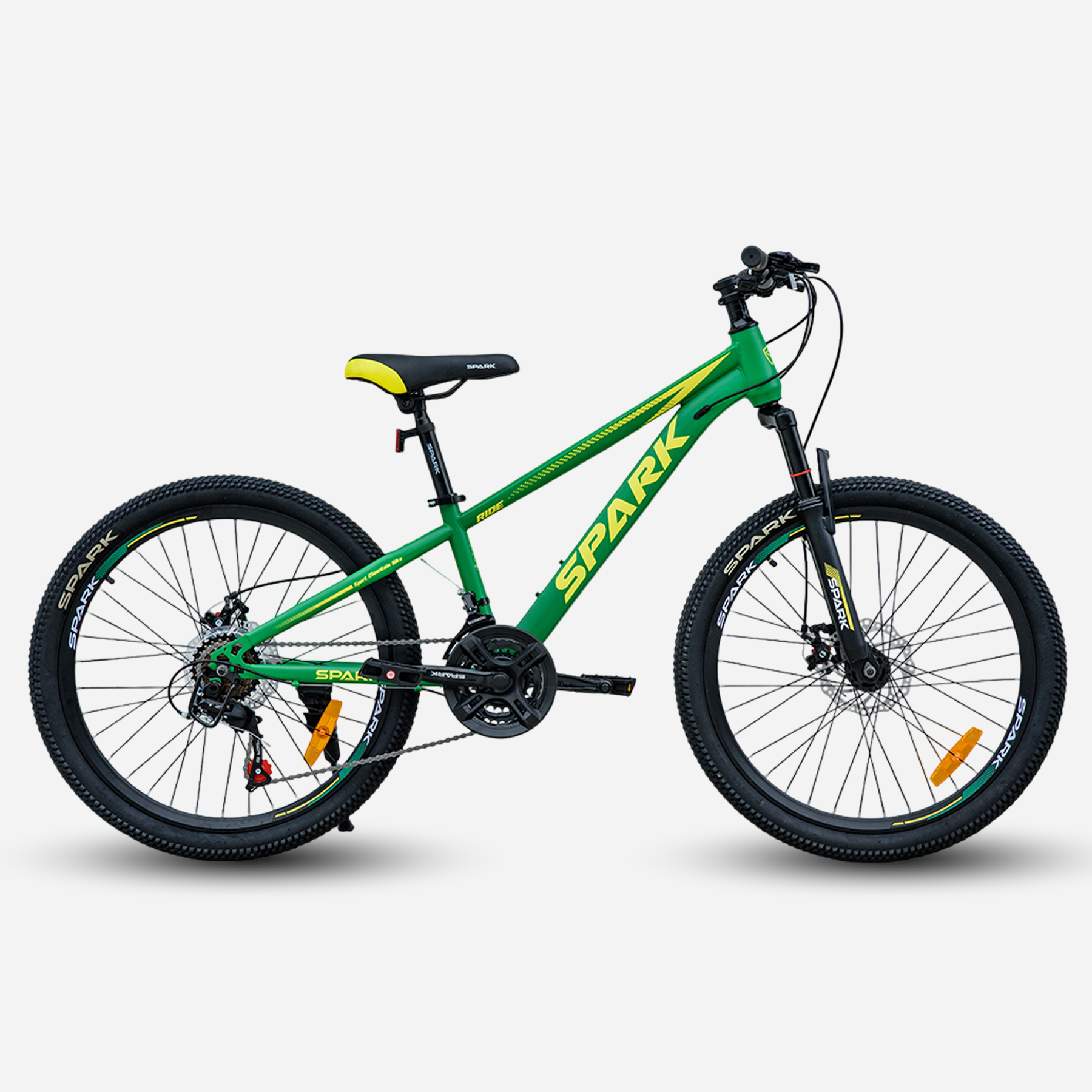 Гірський велосипед Spark RIDE 24" зі сталевою рамою 12", зелений, вид збоку — дискові гальма, амортизаційна вилка, перемикач передач Shimano