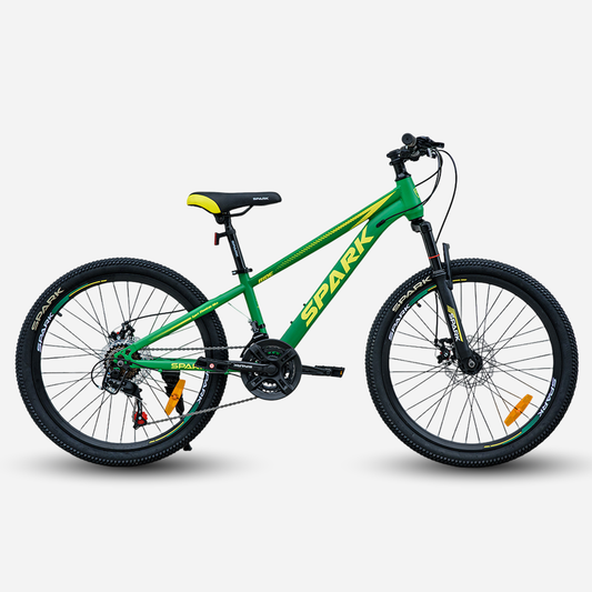 Гірський велосипед Spark RIDE 24" зі сталевою рамою 12", зелений, вид збоку — дискові гальма, амортизаційна вилка, перемикач передач Shimano