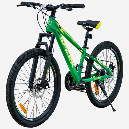 Гірський велосипед Spark RIDE 24" зелений, вид ззаду під кутом — задній перемикач Shimano, дискове гальмо, сідло з жовтими акцентами, підніжка