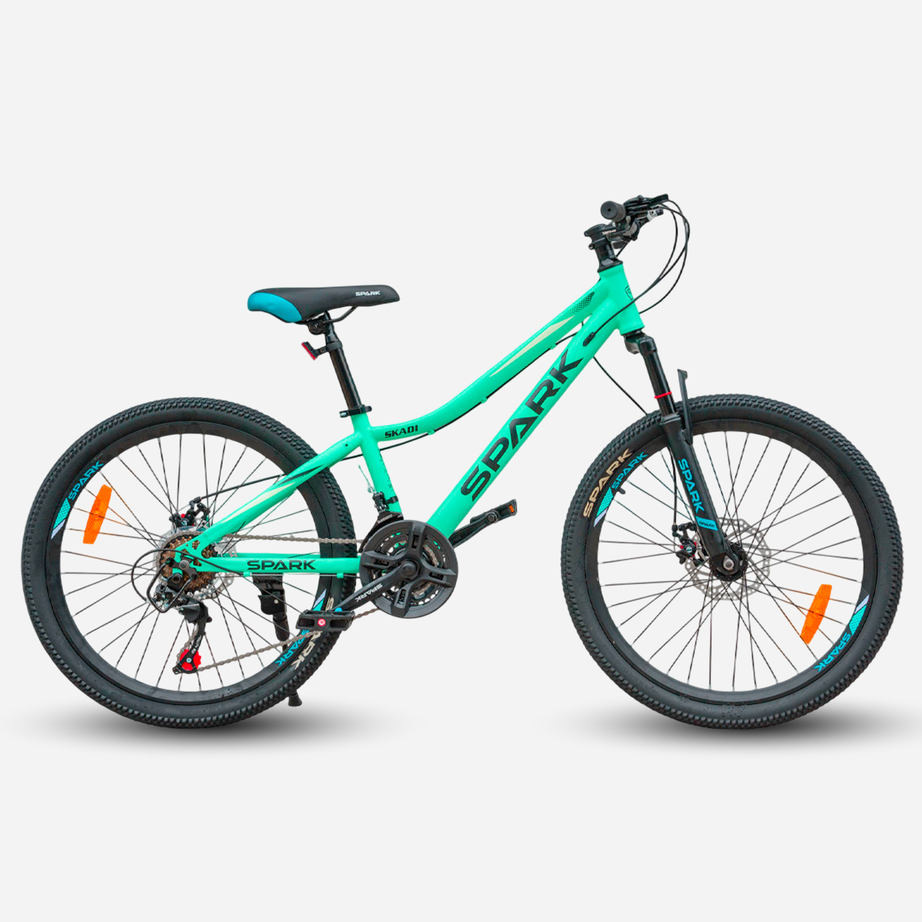 Гірський велосипед Spark SKADI 24" сталева рама 12" м'ятний, правий бік — трансмісія Shimano, ланцюг, зірочки, дискове гальмо та підніжка