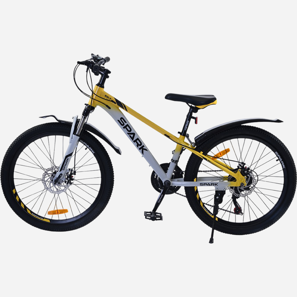 Гірський велосипед Spark SKY 24" жовтий — вид зліва, підніжка, трансмісія Shimano