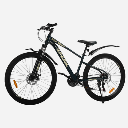 Гірський велосипед Spark VIBE 27.5" сталева рама 15" — вид спереду зліва, амортизаційна вилка Spark та дисковий ротор 160 мм