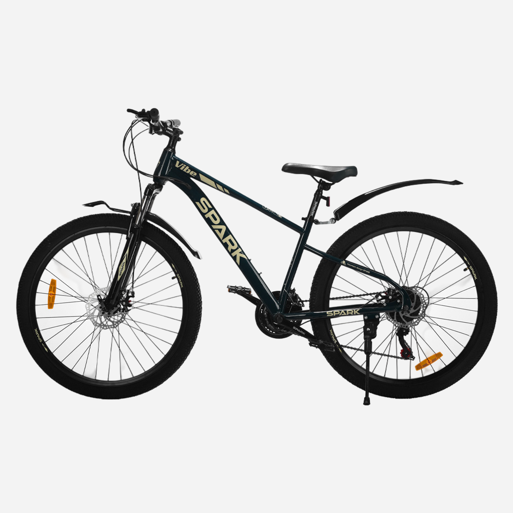 Гірський велосипед Spark VIBE 27.5" сталева рама 15" — вид зліва, задній перемикач Shimano, підніжка та дисковий ротор