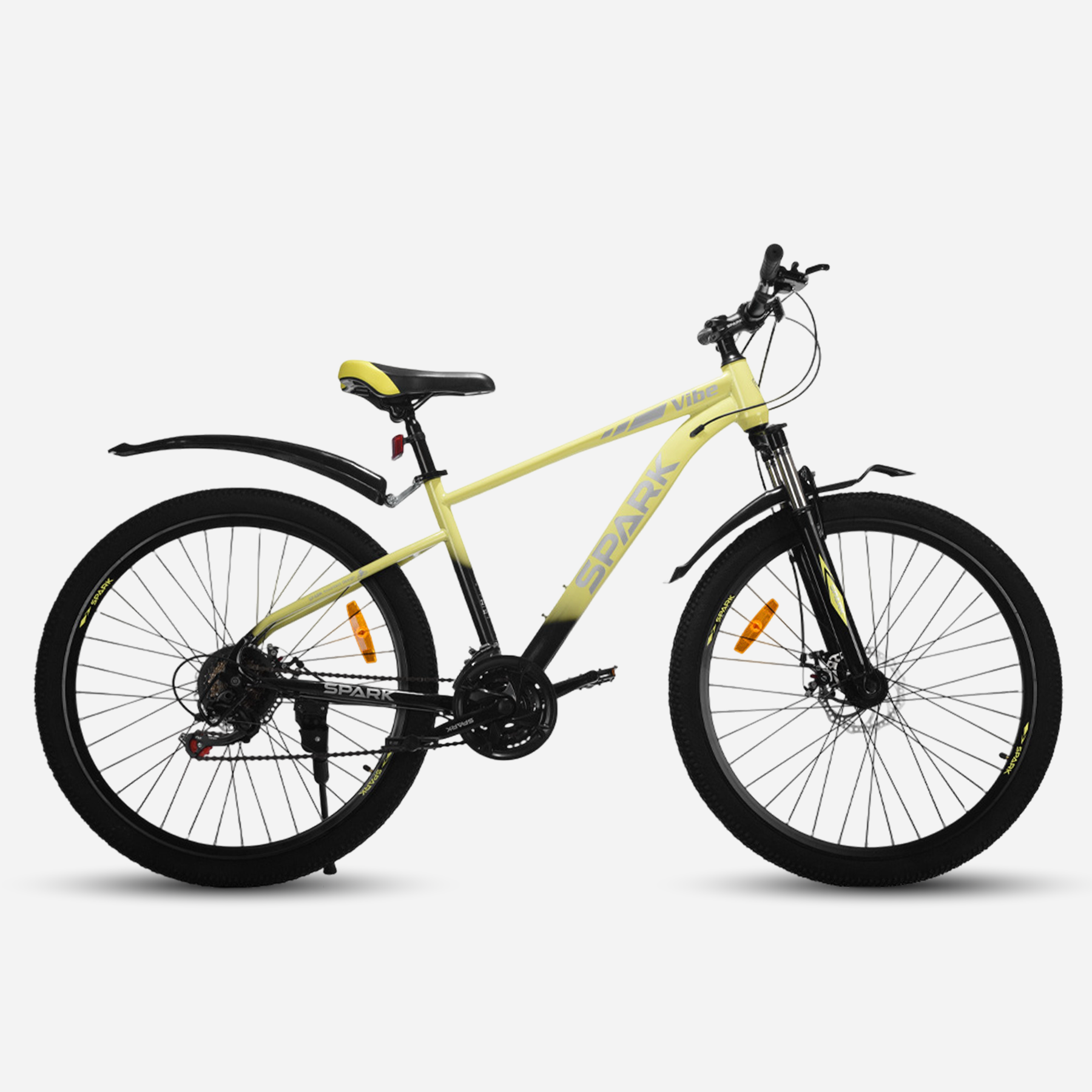 Гірський велосипед Spark VIBE 27.5" сталева рама 17" — вид збоку, градієнт лаймовий-чорний, крила та підніжка в комплекті