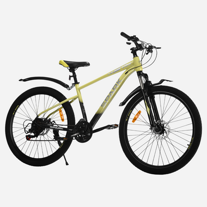 Гірський велосипед Spark VIBE 27.5" сталева рама 17" — вид спереду справа, напис Vibe на рамі та широкі покришки 27.5×2.125