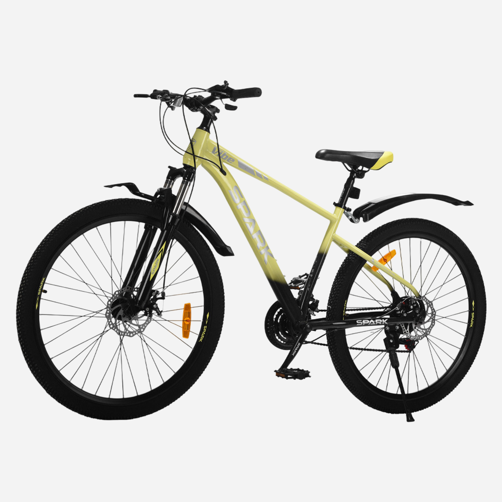 Гірський велосипед Spark VIBE 27.5" сталева рама 17" — вид спереду зліва, амортизаційна вилка Spark та дисковий ротор 160 мм