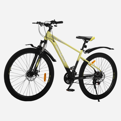 Гірський велосипед Spark VIBE 27.5" сталева рама 17" — вид спереду зліва, амортизаційна вилка Spark та дисковий ротор 160 мм