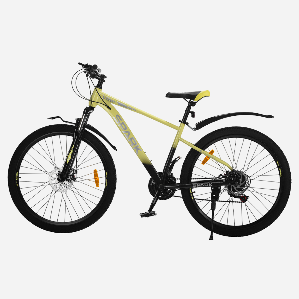 Гірський велосипед Spark VIBE 27.5" сталева рама 17" — вид зліва, задній перемикач Shimano, дисковий ротор та підніжка