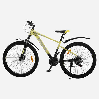 Гірський велосипед Spark VIBE 27.5" сталева рама 17" — вид зліва, задній перемикач Shimano, дисковий ротор та підніжка