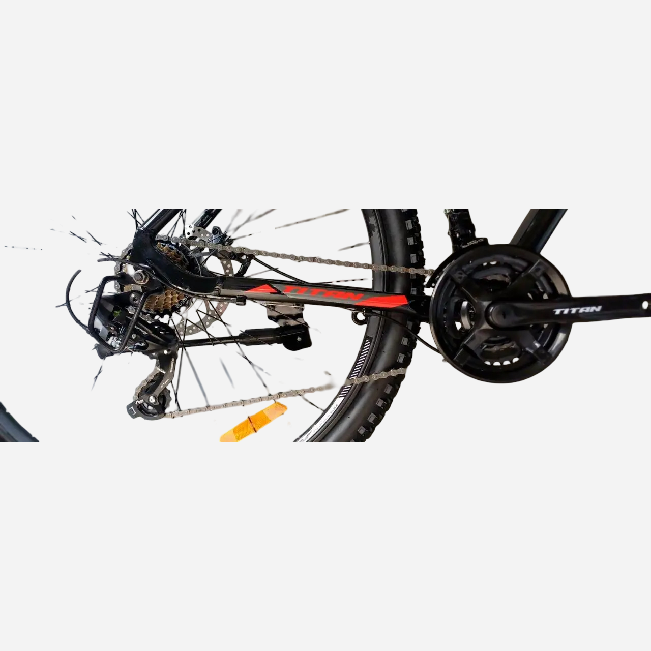 Задня трансмісія велосипеда Titan Giant 30.5" — перемикач Shimano, касета, дисковий ротор, шатун Titan з потрійною зірочкою, протекторна покришка