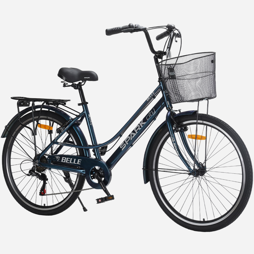 Міський велосипед Spark CITY BELLE 26" темно-синій, вид спереду — кермо, кошик, занижена рама
