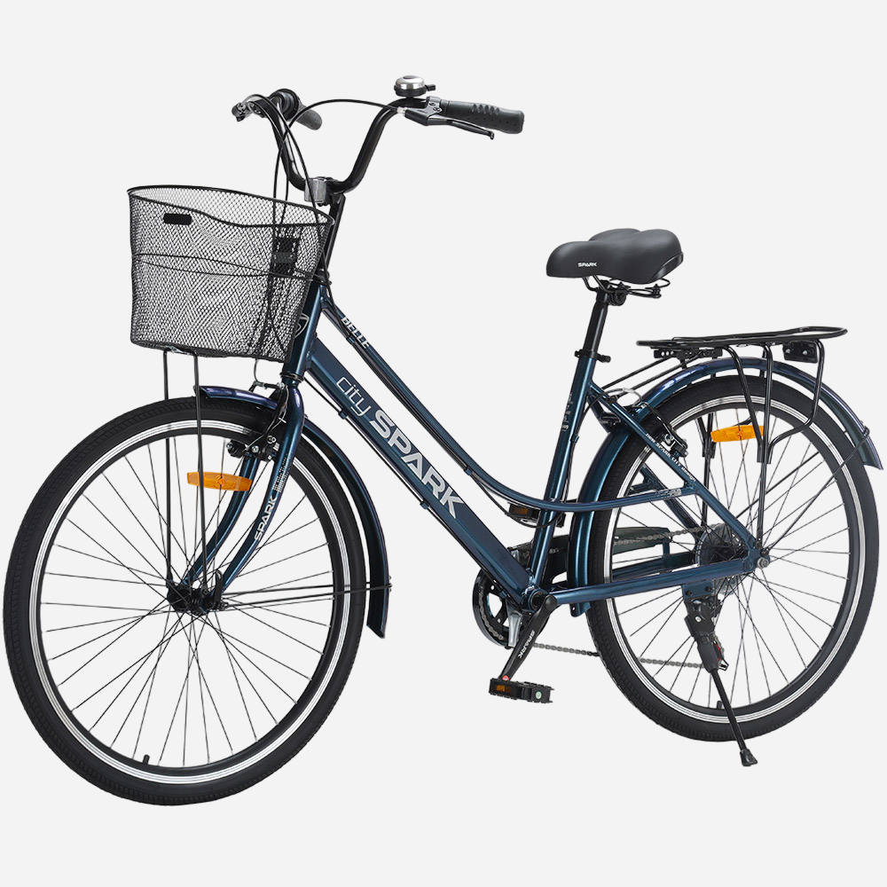 Міський велосипед Spark CITY BELLE 26" темно-синій, вид ззаду — багажник, сідло з амортизацією, трансмісія