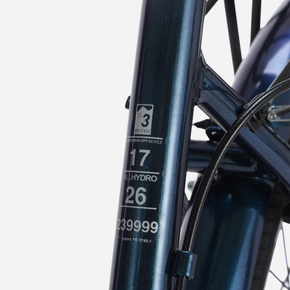 Маркування рами Spark CITY BELLE — розмір 17", колеса 26", артикул 239999, сертифікат EN 17405
