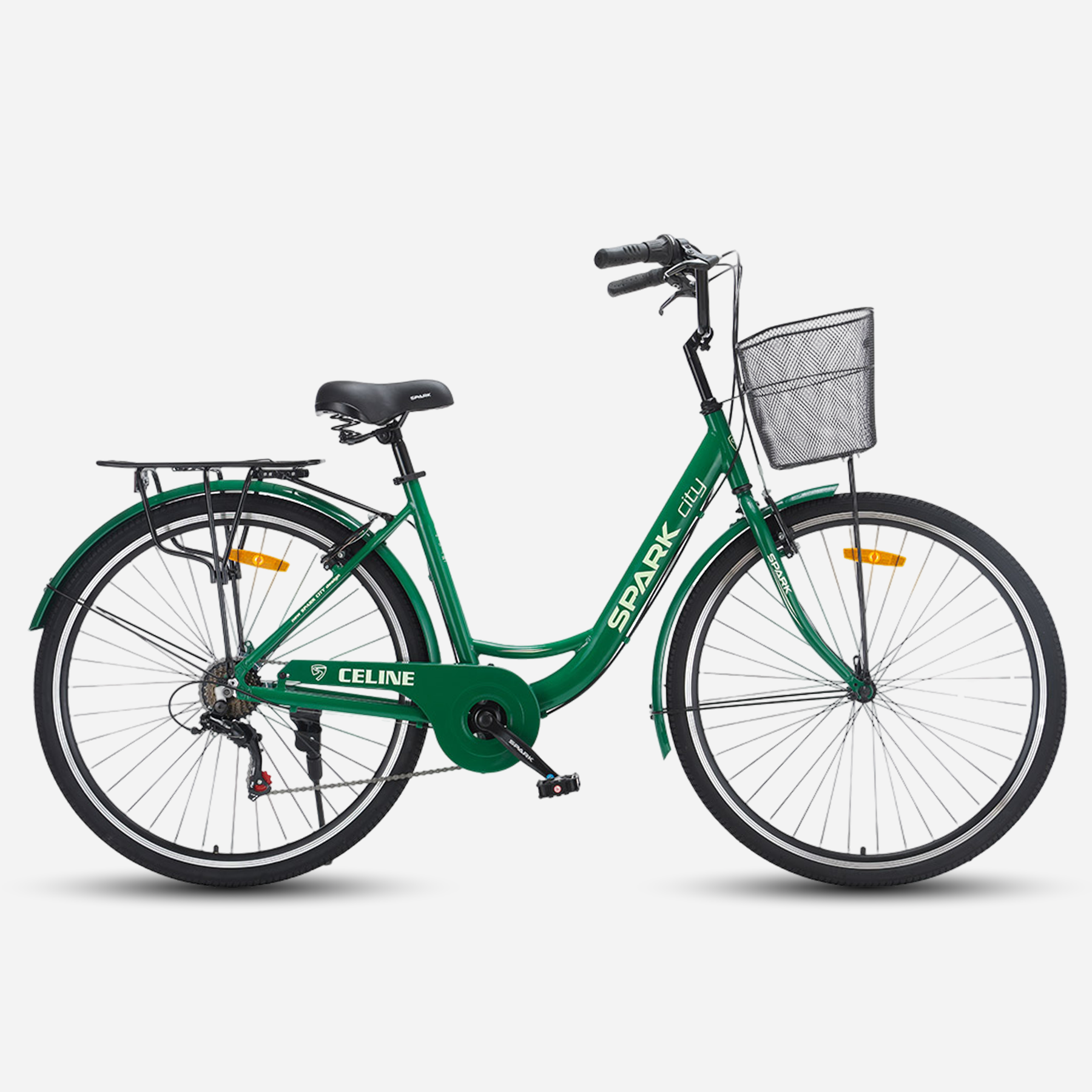 Міський велосипед SPARK CITY CELINE 28" зелений, вид збоку, з кошиком та багажником