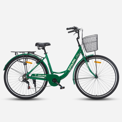 Міський велосипед SPARK CITY CELINE 28" зелений, вид збоку, з кошиком та багажником