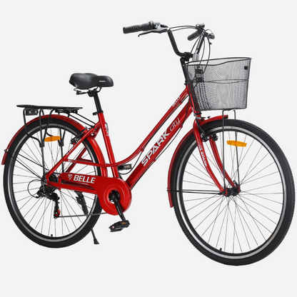 Міський велосипед Spark City Belle 28" червоний, вид спереду-збоку — кермо, кошик, рама