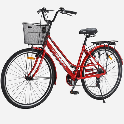 Міський велосипед Spark City Belle 28" червоний, вид зліва — кошик, сідло, бічна підніжка
