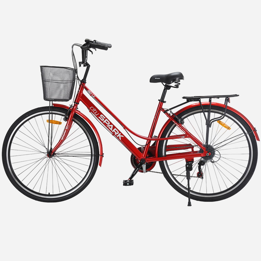 Міський велосипед Spark City Belle 28" червоний, вид зліва — передній кошик, задній багажник, бічна підніжка, перемикач передач