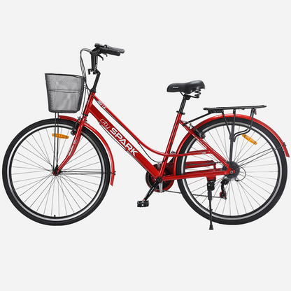 Міський велосипед Spark City Belle 28" червоний, вид зліва — передній кошик, задній багажник, бічна підніжка, перемикач передач