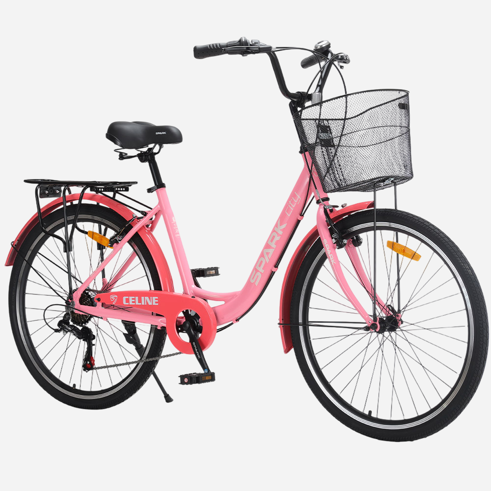 SPARK CITY CELINE 26" рожевий — вид збоку спереду, кошик та комфортне кермо