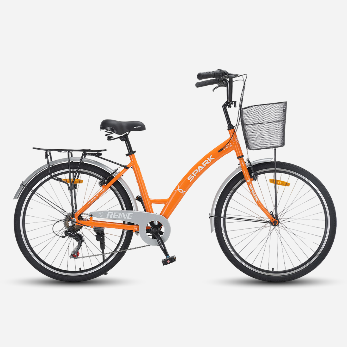 Міський велосипед SPARK CITY REINE 26" помаранчевий — вид збоку з кошиком і багажником