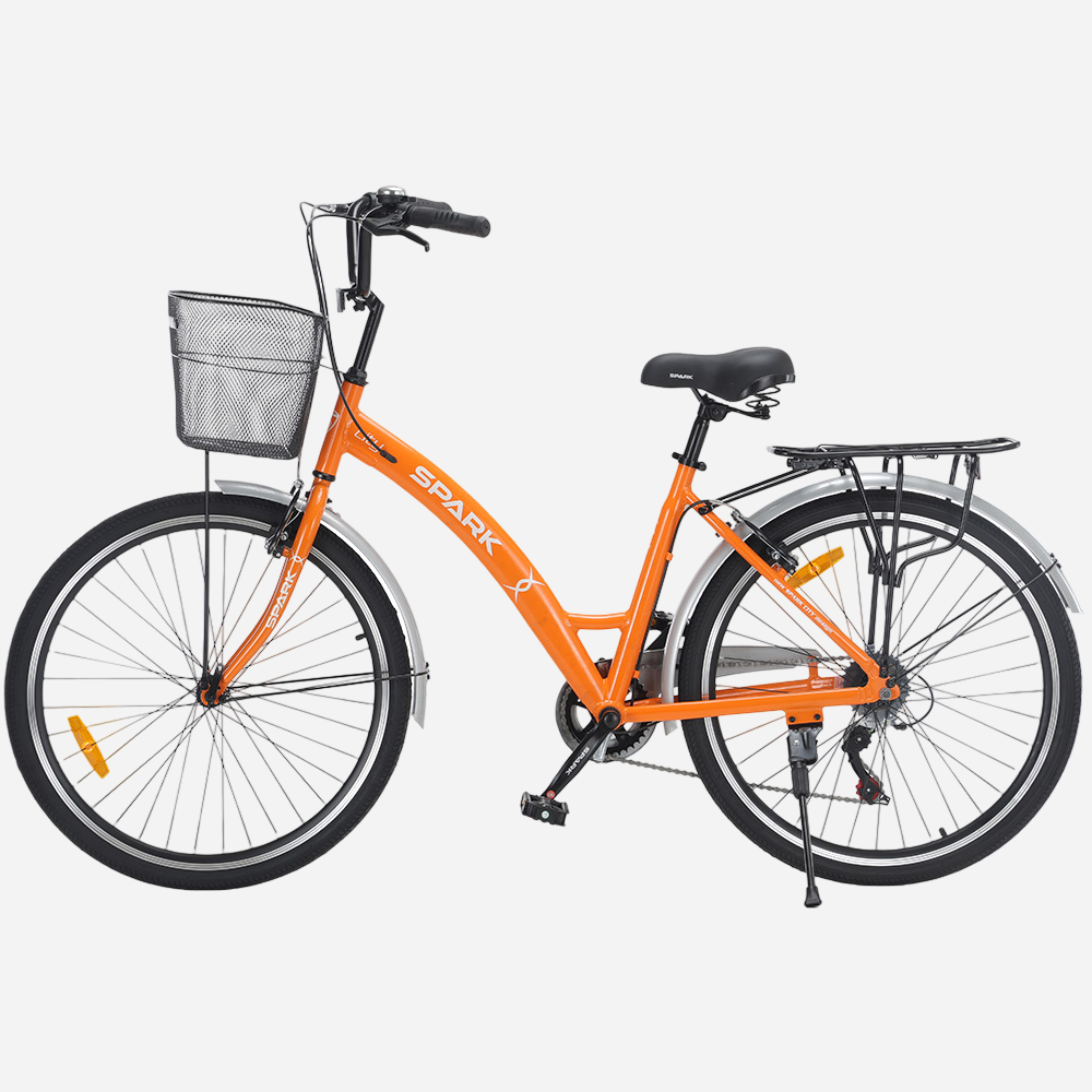 SPARK CITY REINE 26" помаранчевий — вид зліва з підніжкою та кошиком