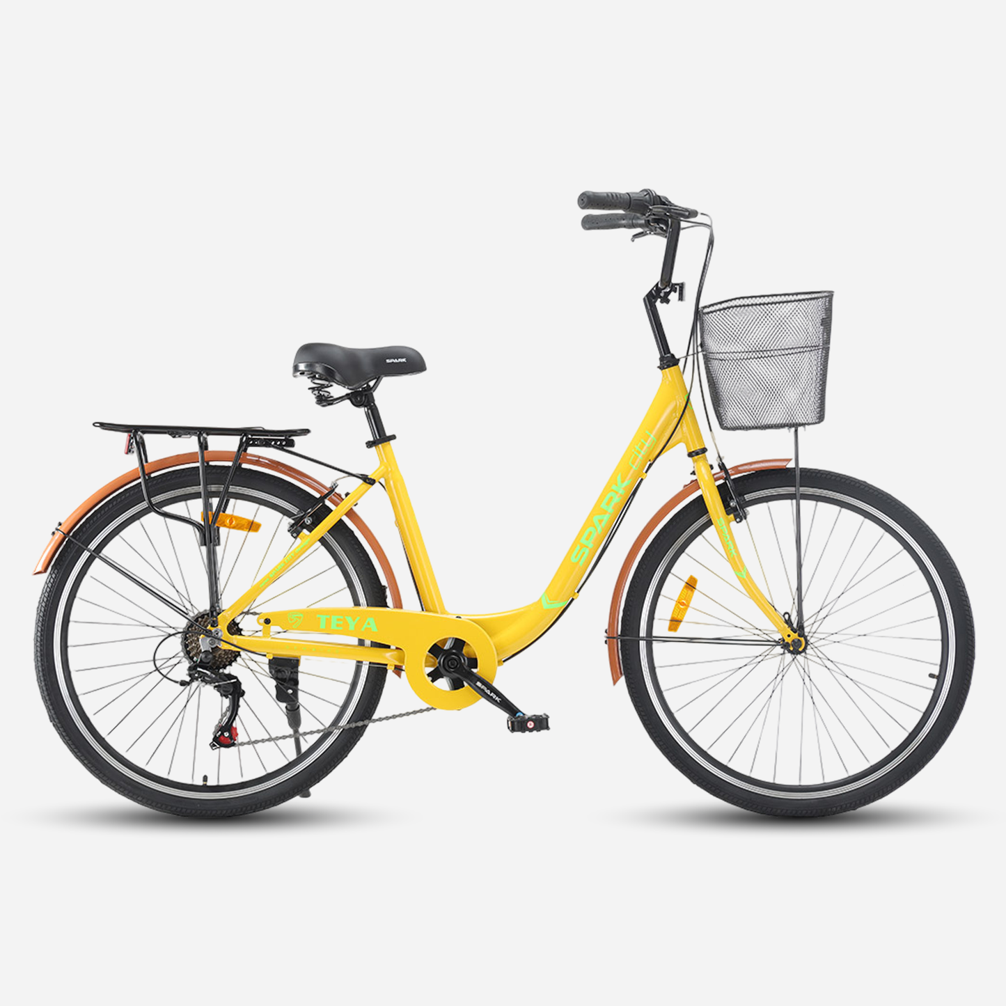 Міський велосипед SPARK CITY TEYA 26" жовтий, вид збоку, з кошиком та багажником