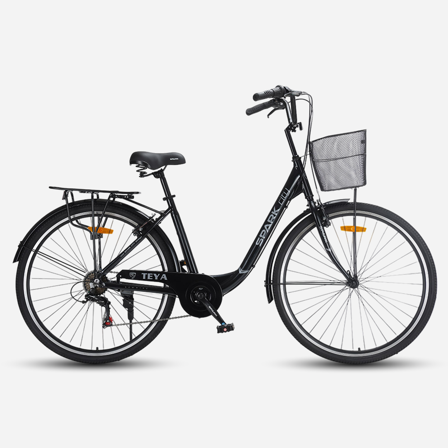 Міський велосипед SPARK CITY TEYA 28" чорний, вид збоку, з переднім кошиком і заднім багажником