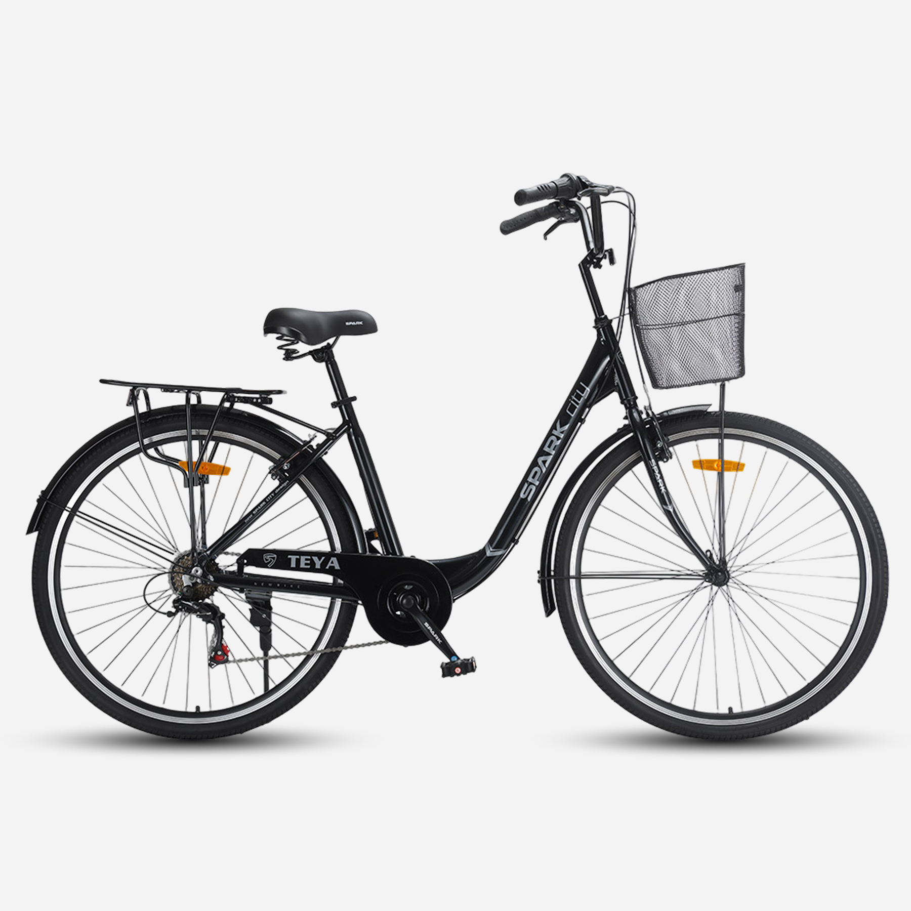 Міський велосипед SPARK CITY TEYA 28" чорний, вид збоку, з переднім кошиком і заднім багажником