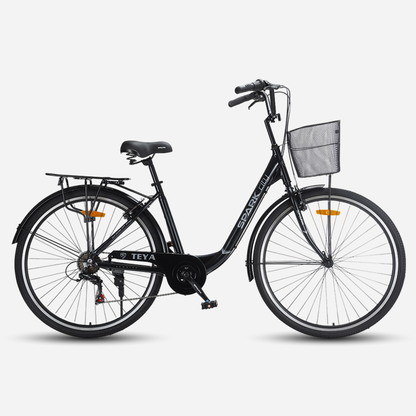 Міський велосипед SPARK CITY TEYA 28" чорний, вид збоку, з переднім кошиком і заднім багажником