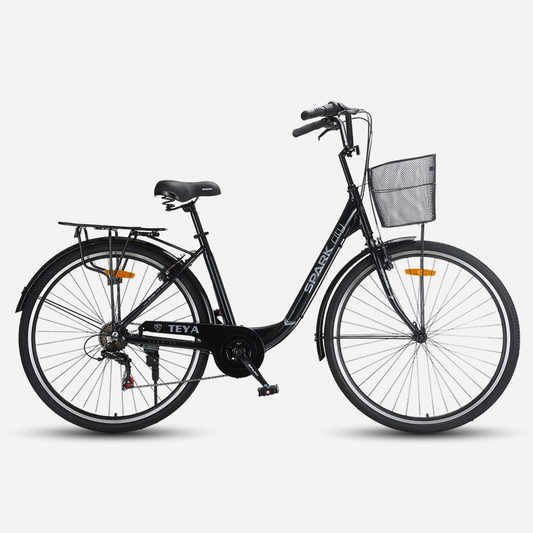 Міський велосипед SPARK CITY TEYA 28" чорний, вид збоку, з переднім кошиком і заднім багажником