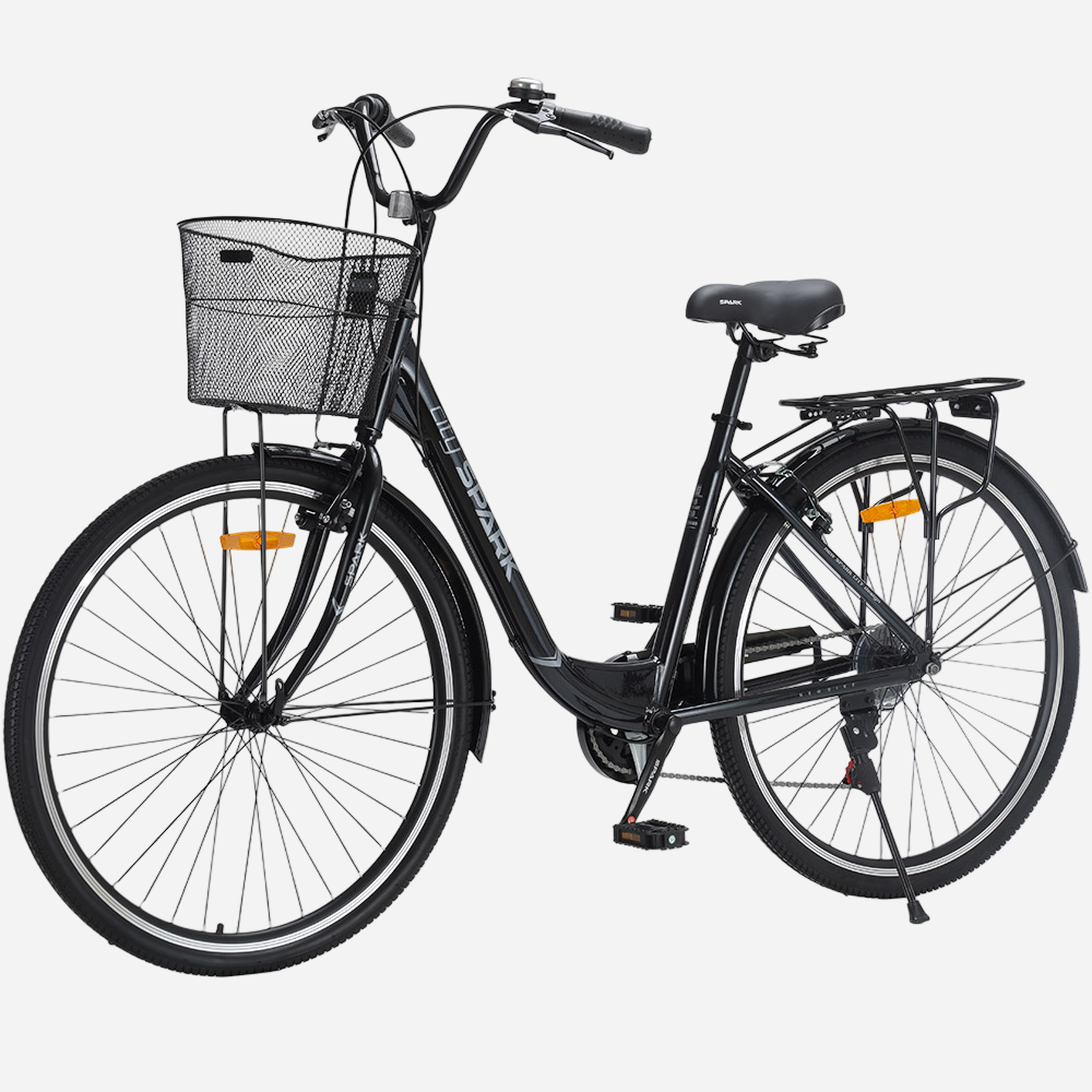 Велосипед SPARK CITY TEYA 28" вид спереду, міське кермо, передній кошик, крила, чорний
