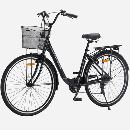 Велосипед SPARK CITY TEYA 28" вид спереду, міське кермо, передній кошик, крила, чорний