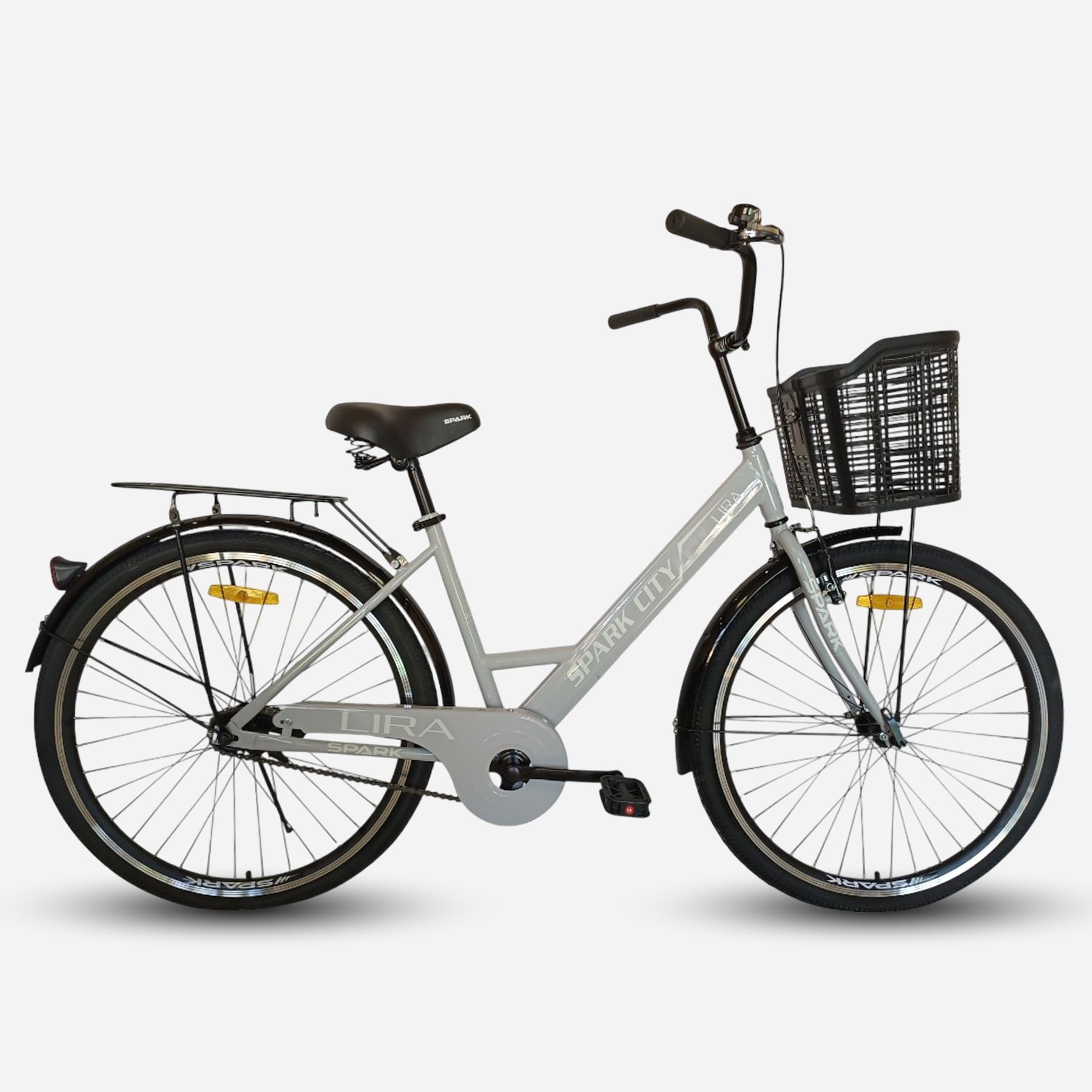 Міський велосипед SPARK CITY LIRA 26" — вигляд збоку, сіра рама, передній кошик та задній багажник