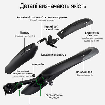 Велокрила RBRL RL-910F/R: деталі конструкції — алюмінієвий стрижень, швидкознімне кріплення, м'яка гума
