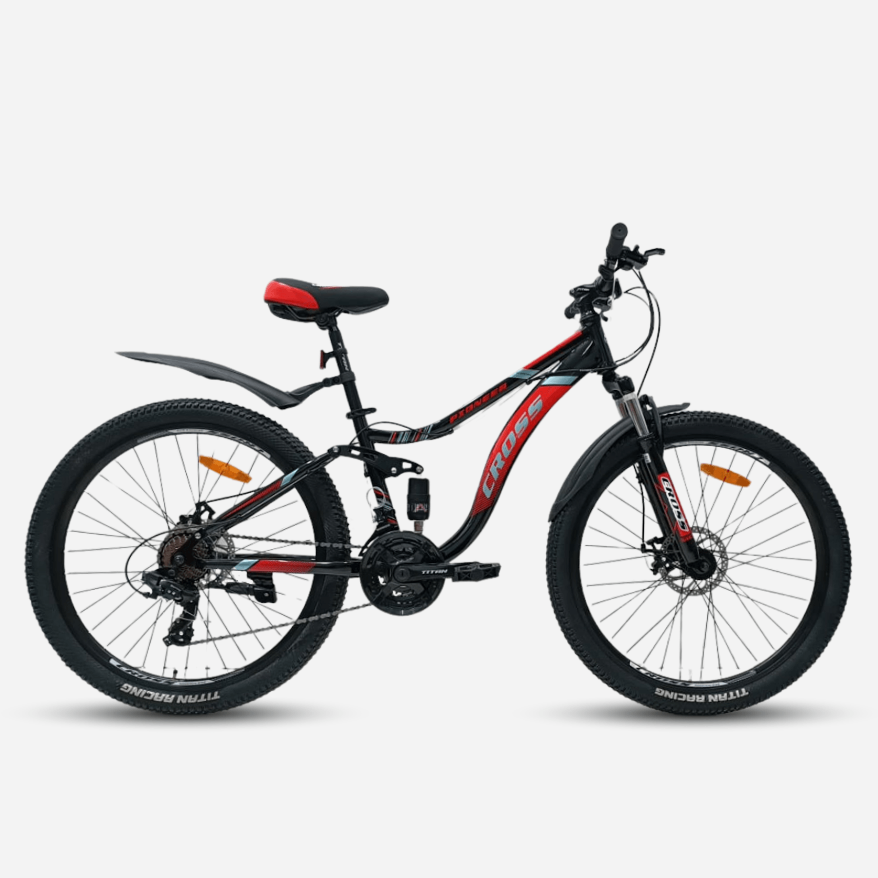 Гірський велосипед-двопідвіс Cross Pioneer 26" чорно-червоний, сталева рама 14", дискові гальма, покришки Titan Racing