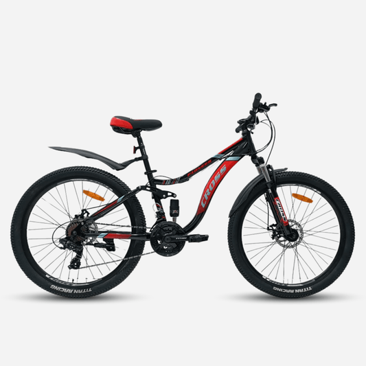 Гірський велосипед-двопідвіс Cross Pioneer 26" чорно-червоний, сталева рама 14", дискові гальма, покришки Titan Racing