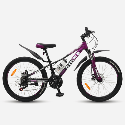 повний вид збоку (другий ракурс): Cross Sigma 2024, покришки Titan Racing, дискові гальма, крила, пляшка для води, пурпурно-чорна рама.