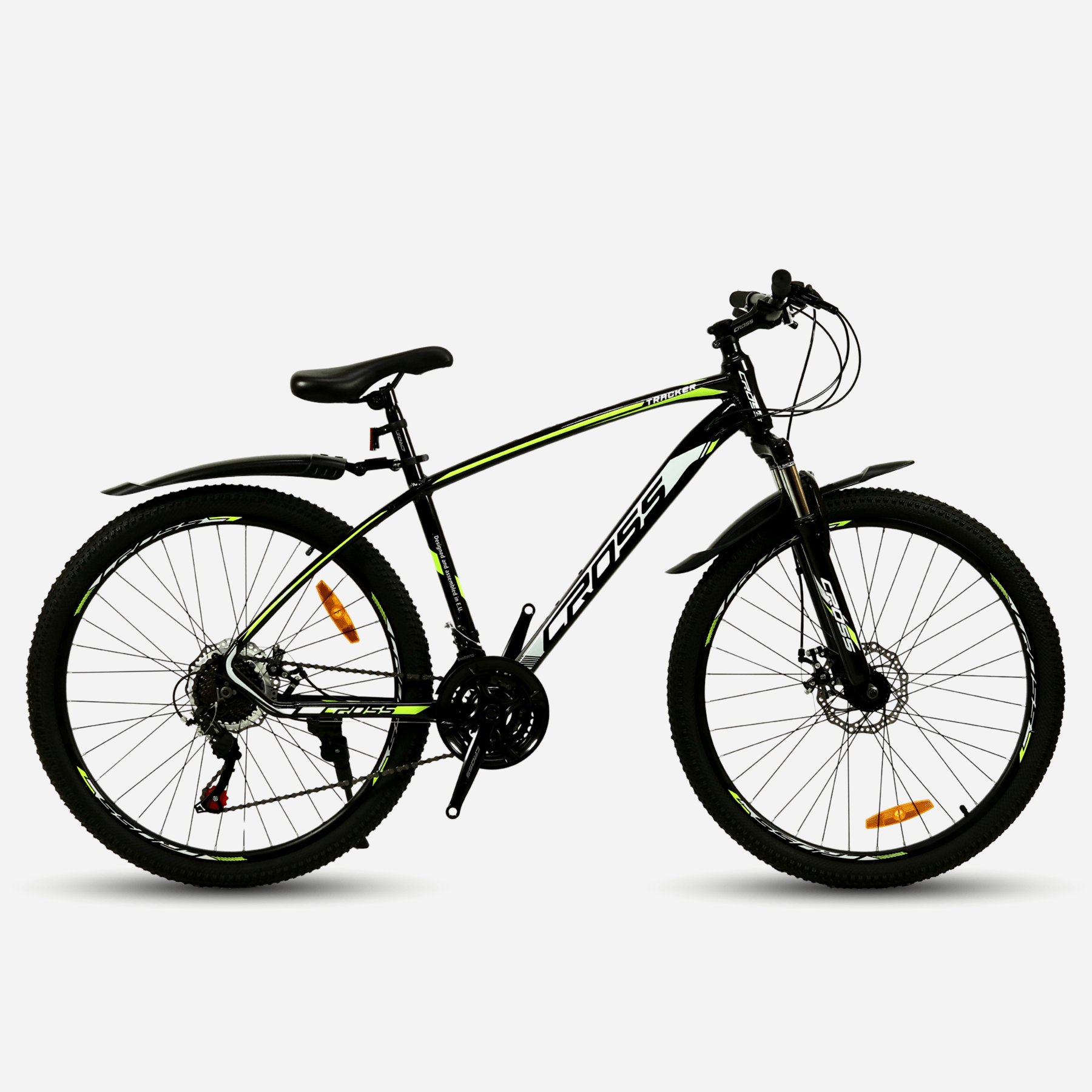 Гірський велосипед CrossBike Tracker 26" чорний з жовтим, алюмінієва рама 17", вид збоку
