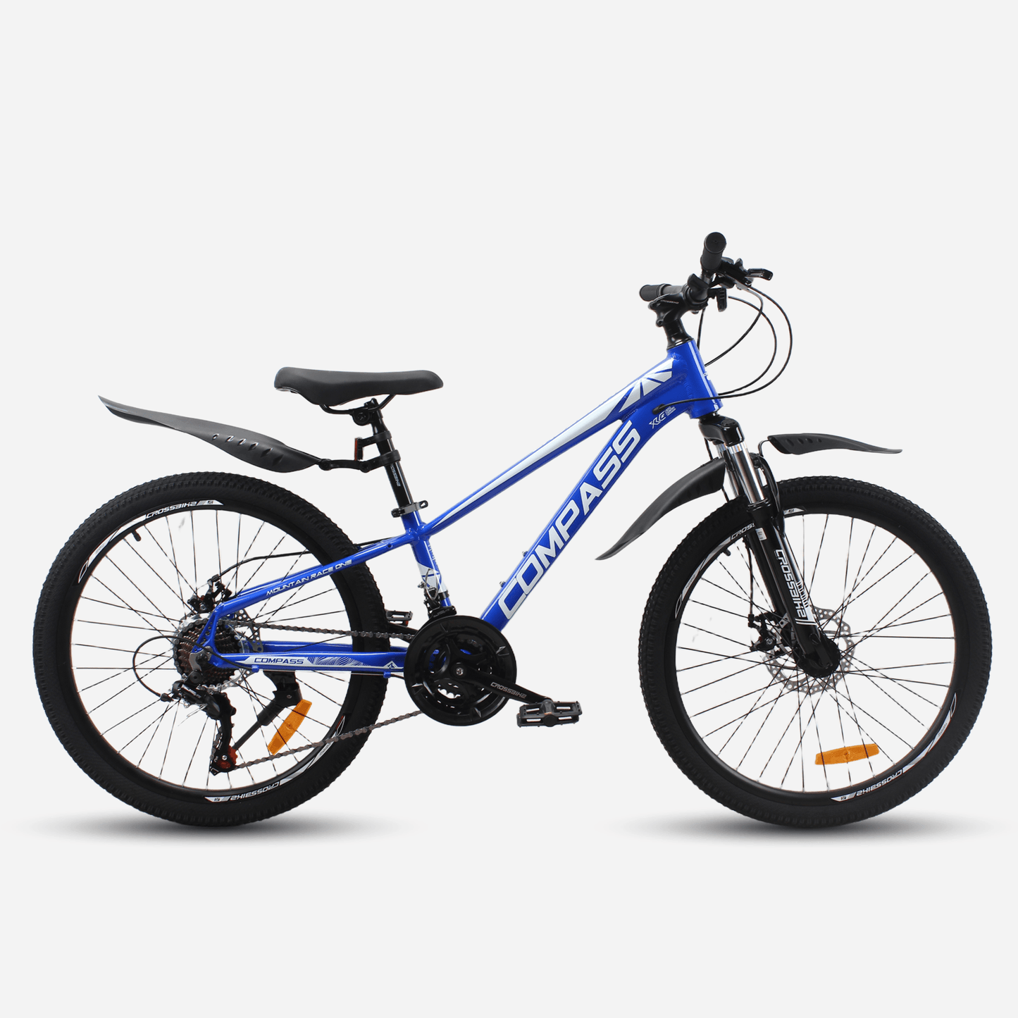 ірський велосипед CrossBike Compass 24" синій, вид збоку, дискові гальма та амортизаційна вилка