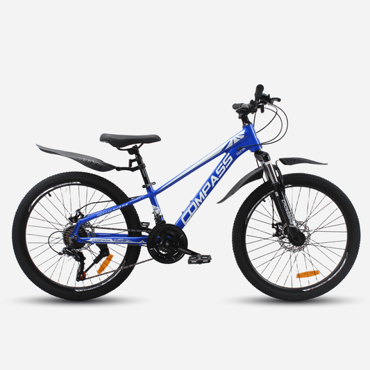 ірський велосипед CrossBike Compass 24" синій, вид збоку, дискові гальма та амортизаційна вилка