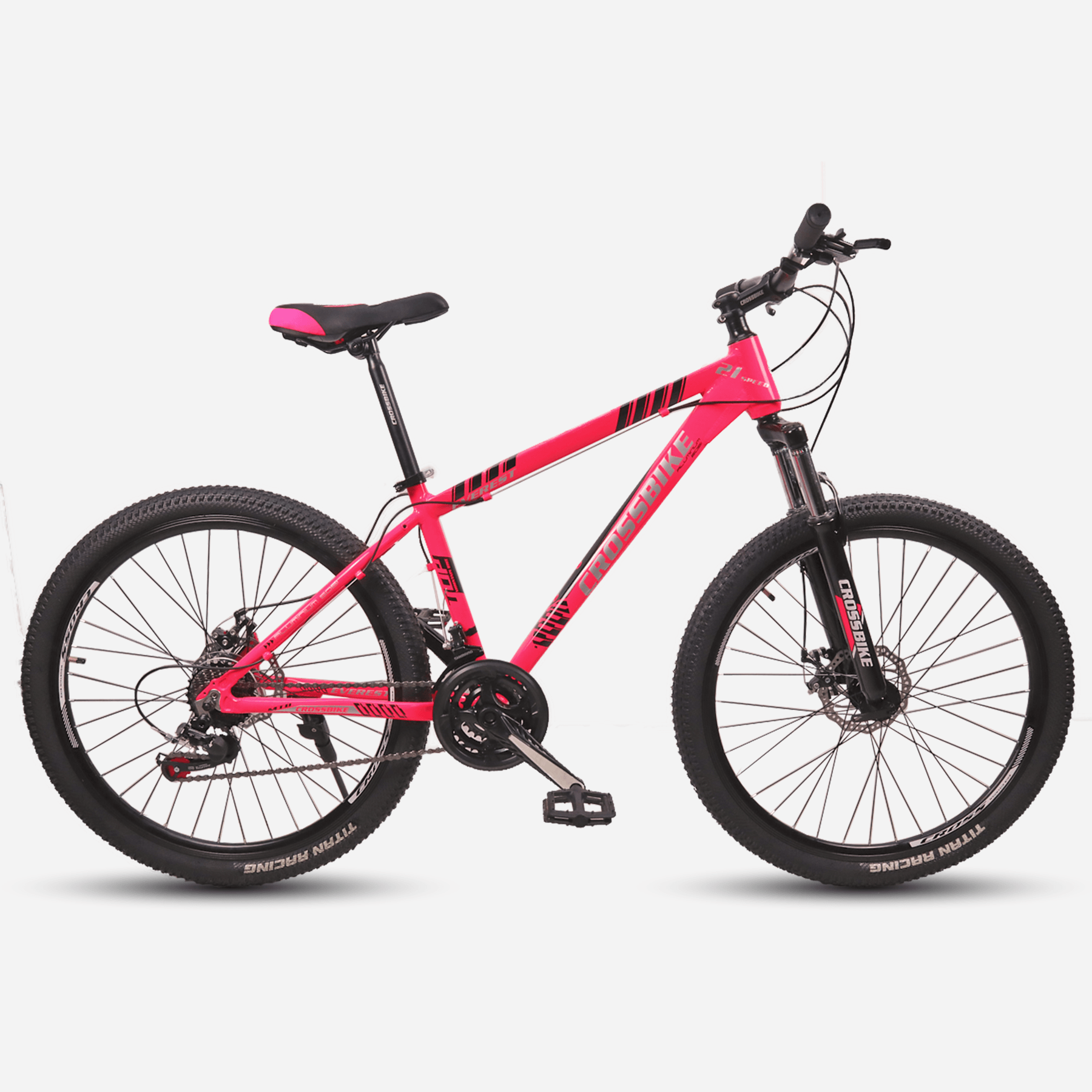 Гірський велосипед CrossBike Everest 26" рожевий — вигляд збоку, алюмінієва рама 13", колеса Titan Racing
