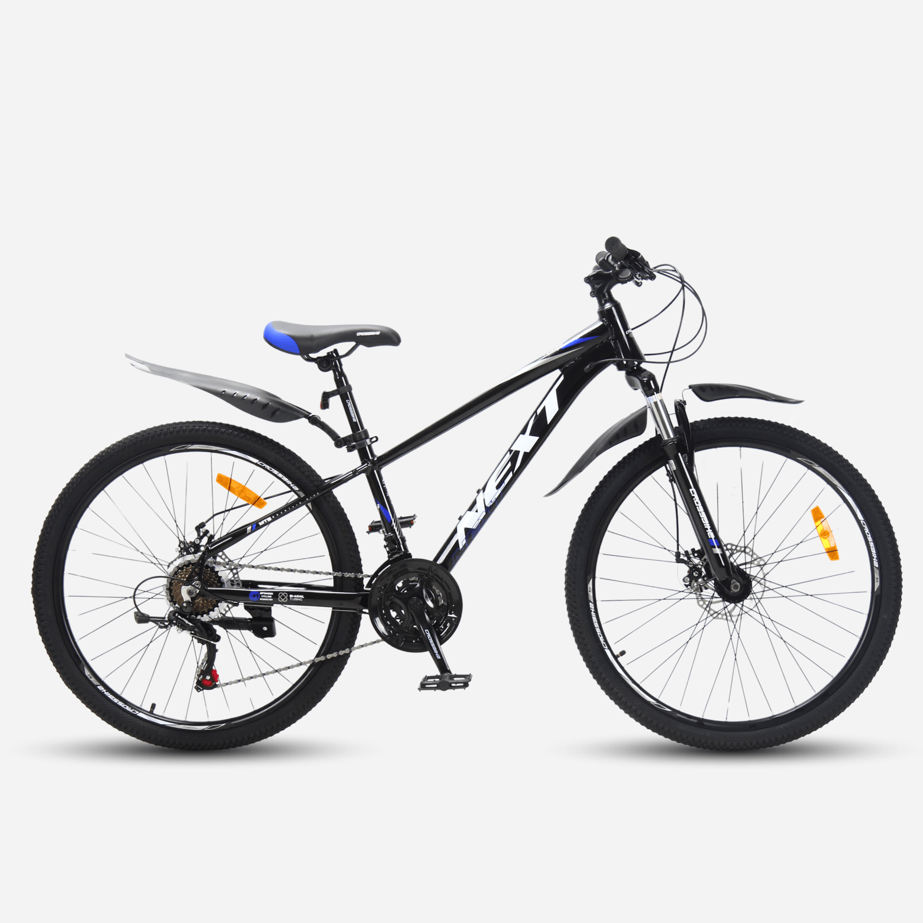 Гірський велосипед CrossBike Next 2025 26" — вигляд збоку, чорна алюмінієва рама 12", крила