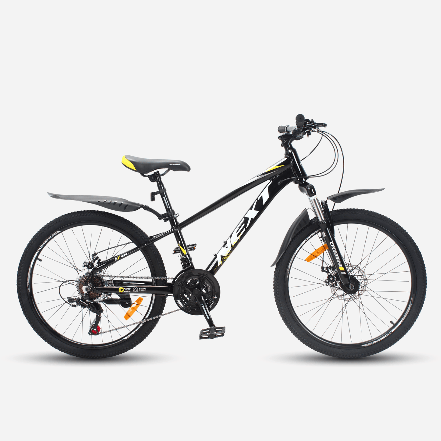 Гірський велосипед CrossBike Next 2025 24" чорний з жовтим, алюмінієва рама 11", вид збоку
